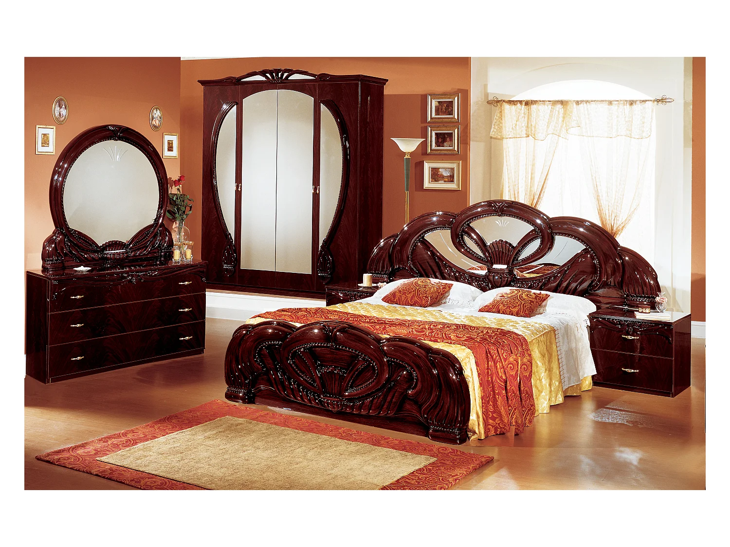 Commode 6 tiroirs baroque bois brillant acajou Venize 168cm