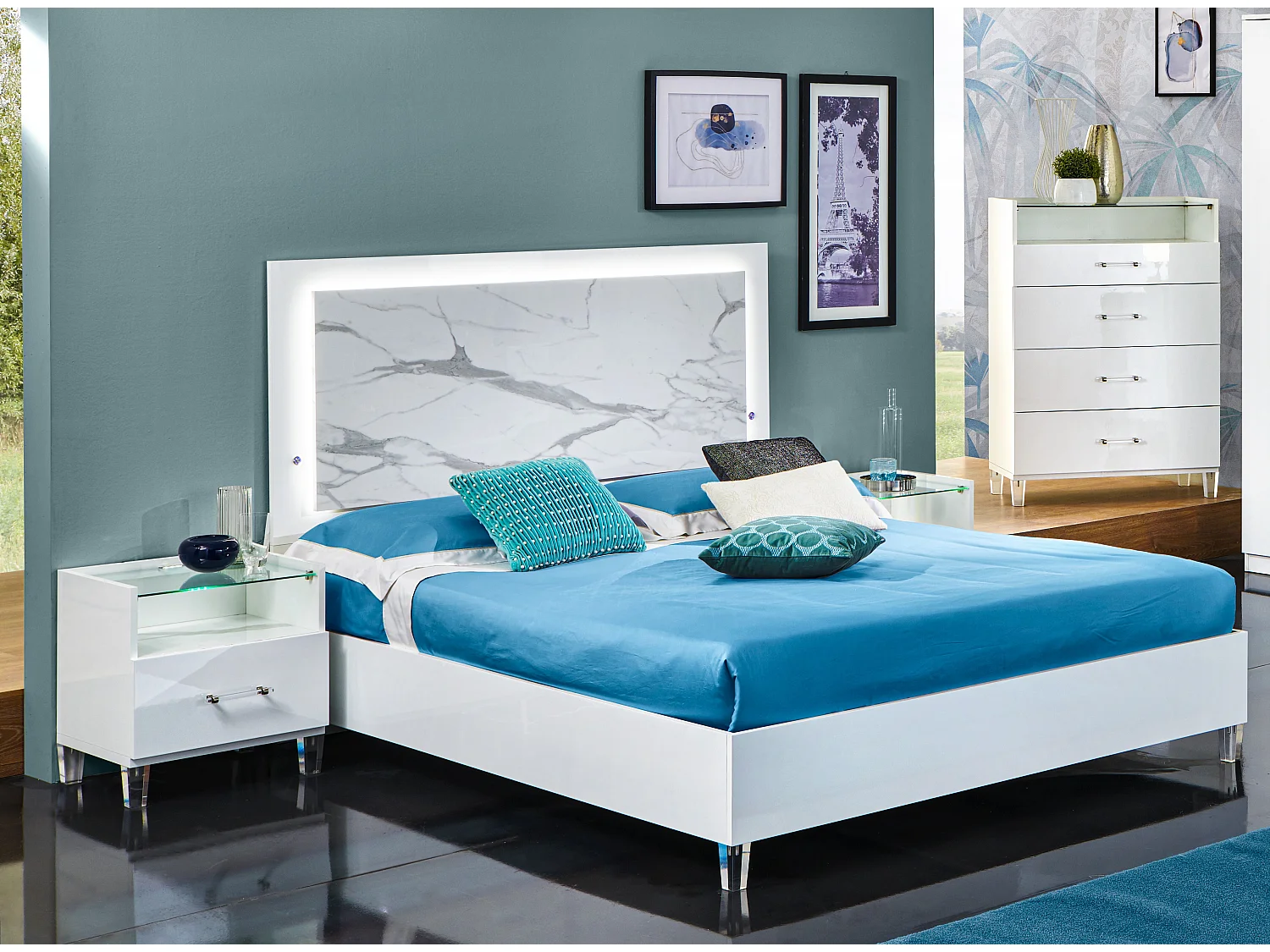 Wit gelakt opbergbed met marmereffect en LED Krystal 160x200 cm