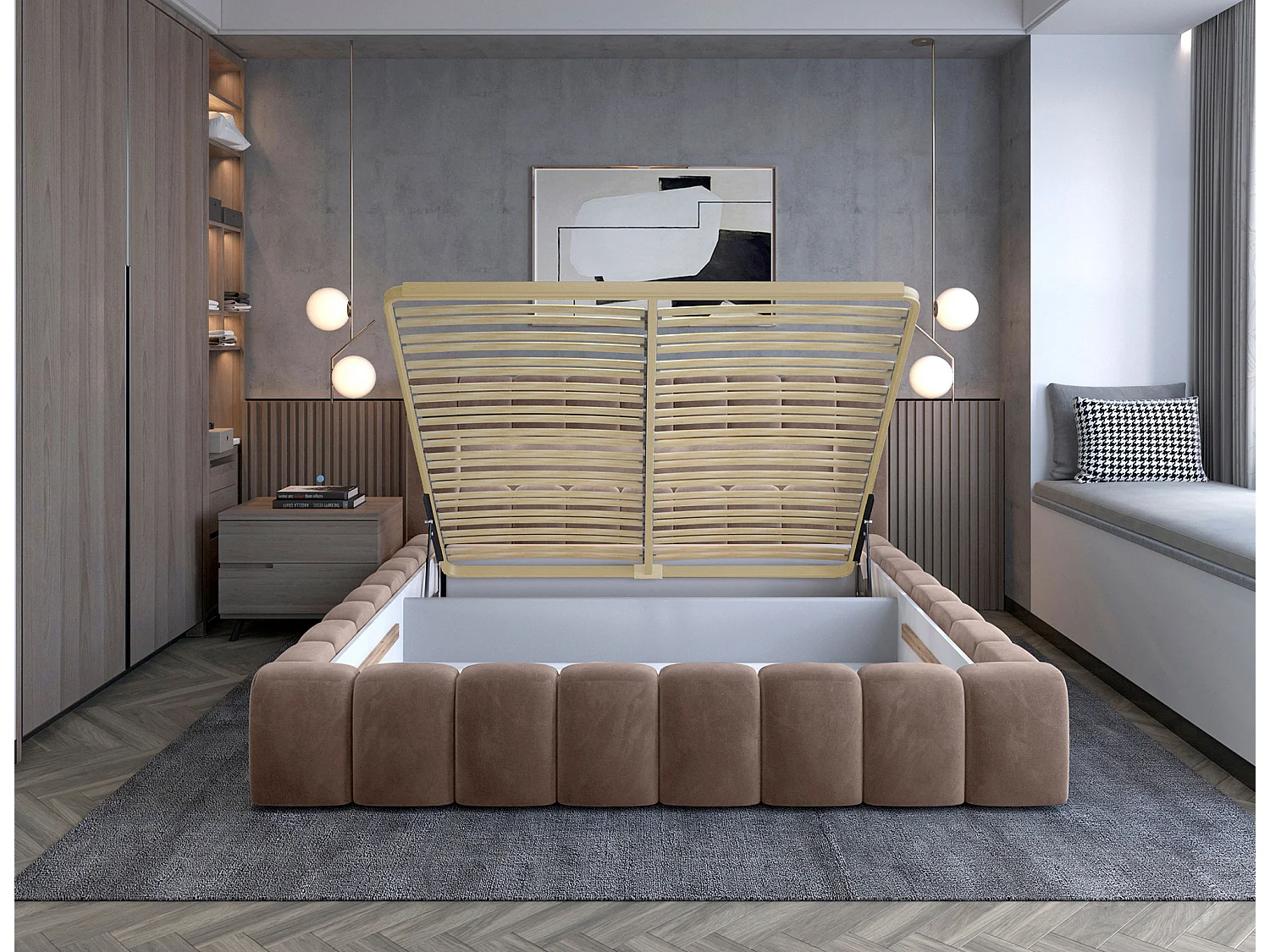 Lit coffre Luto prestige - Design tapissé velours et Led-Couleur Marron clair-160x200