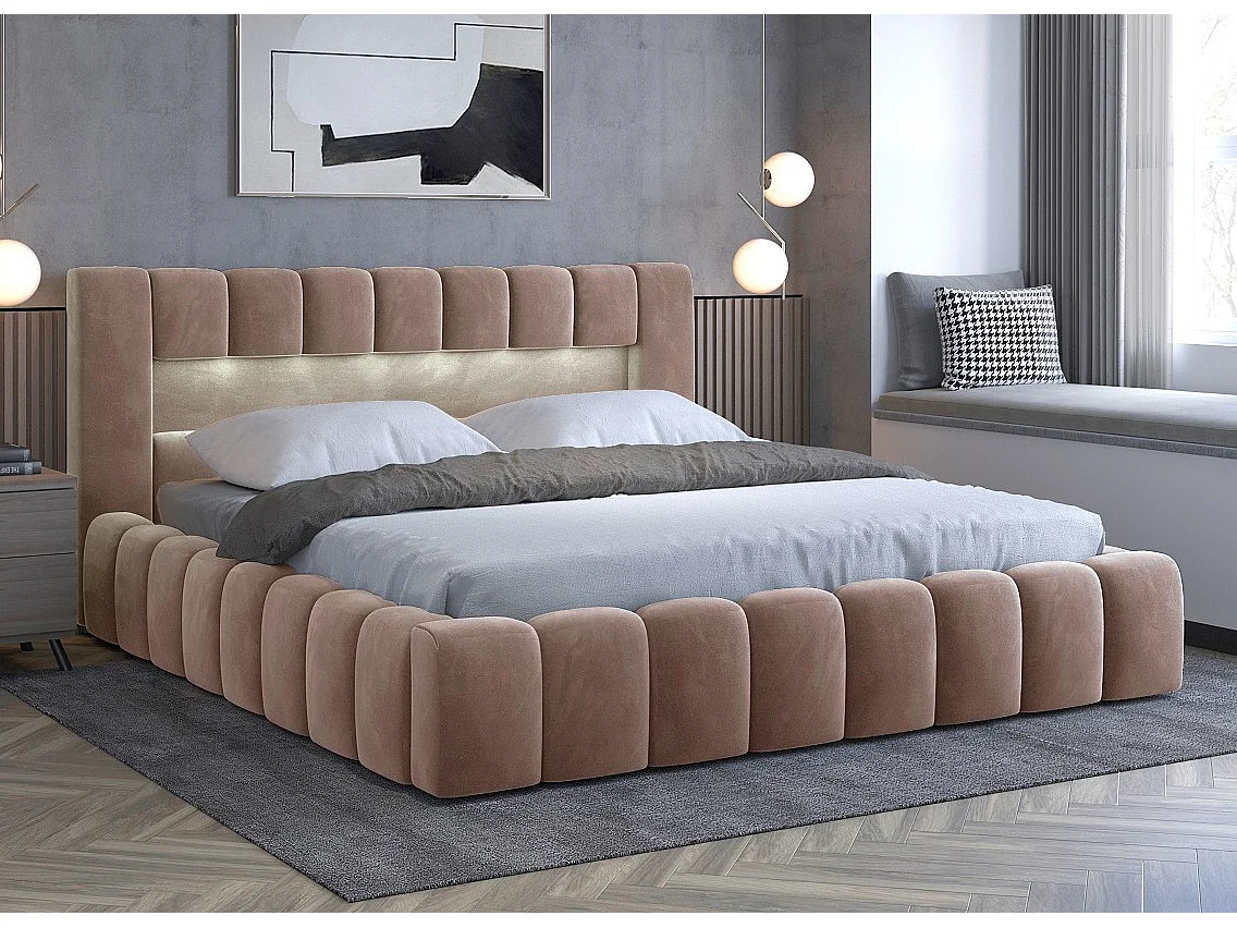 Lit coffre Luto prestige - Design tapissé velours et Led-Couleur Marron clair-160x200