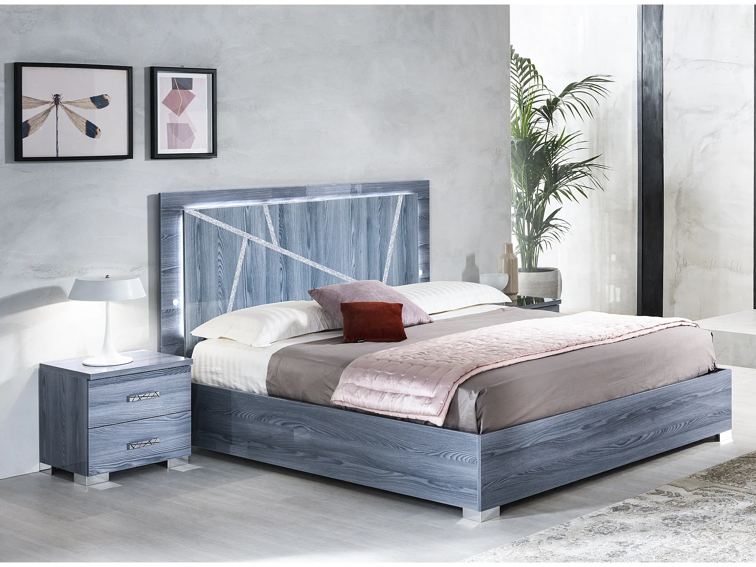 Opbergbed met LED in grijs eikenhout Nikoza 160 cm