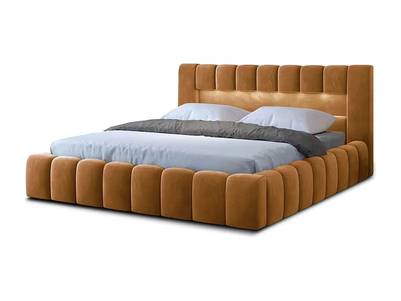 Designbed met Luto fluwelen gestoffeerde box-Kleur Buff geel-Slapen 140x200cm