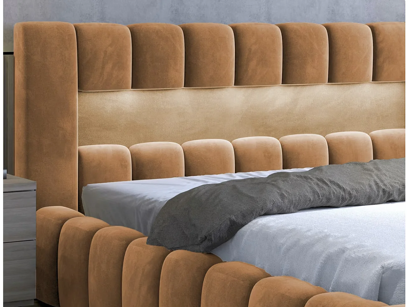 Lit coffre Luto prestige - Design tapissé velours et Led-Couleur Jaune chamoix-140x200