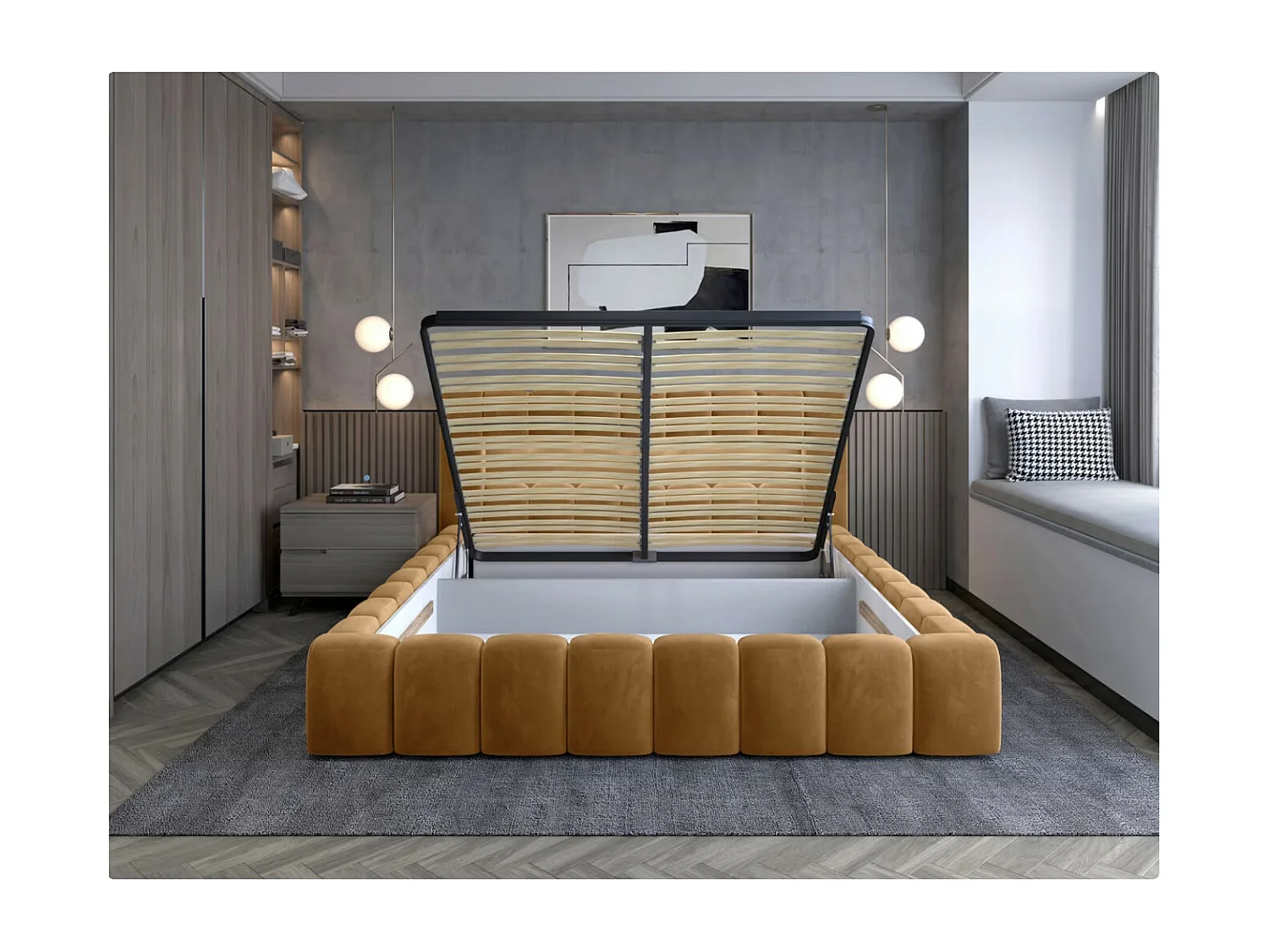 Lit coffre Luto prestige - Design tapissé velours et Led-Couleur Jaune chamoix-140x200