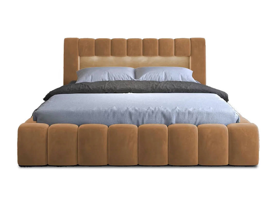 Lit coffre Luto prestige - Design tapissé velours et Led-Couleur Jaune chamoix-140x200