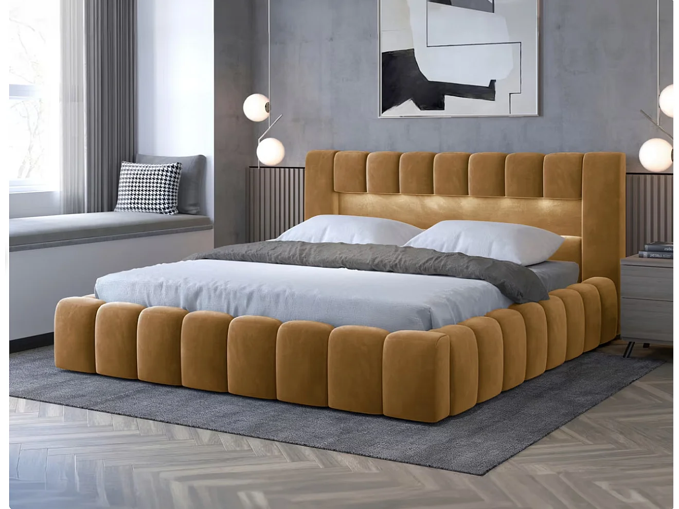 Lit coffre Luto prestige - Design tapissé velours et Led-Couleur Jaune chamoix-140x200