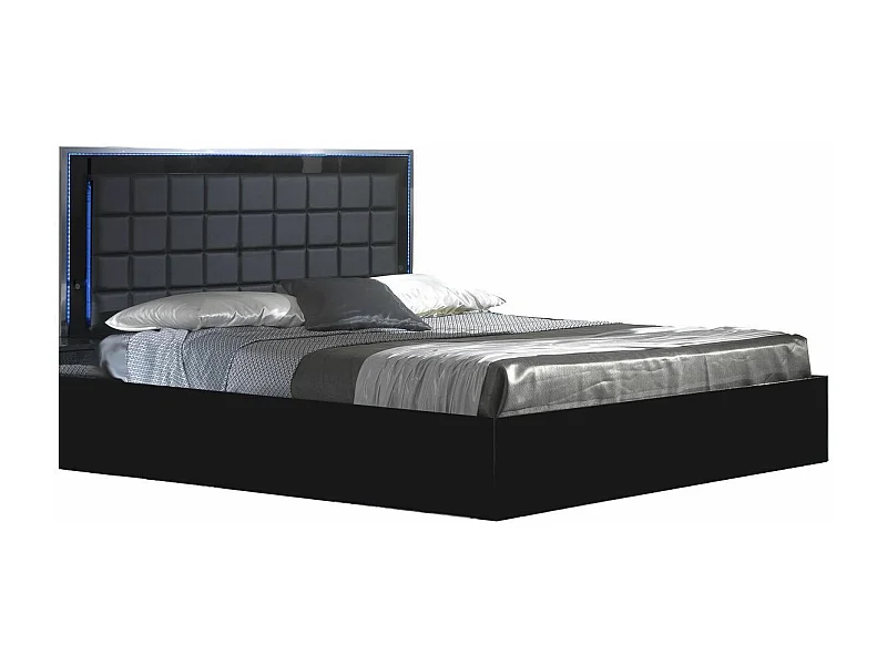 Lit design avec coffre bois noir laqué et tête de lit capitonnée simili cuir noir avec Led Turin-160x200