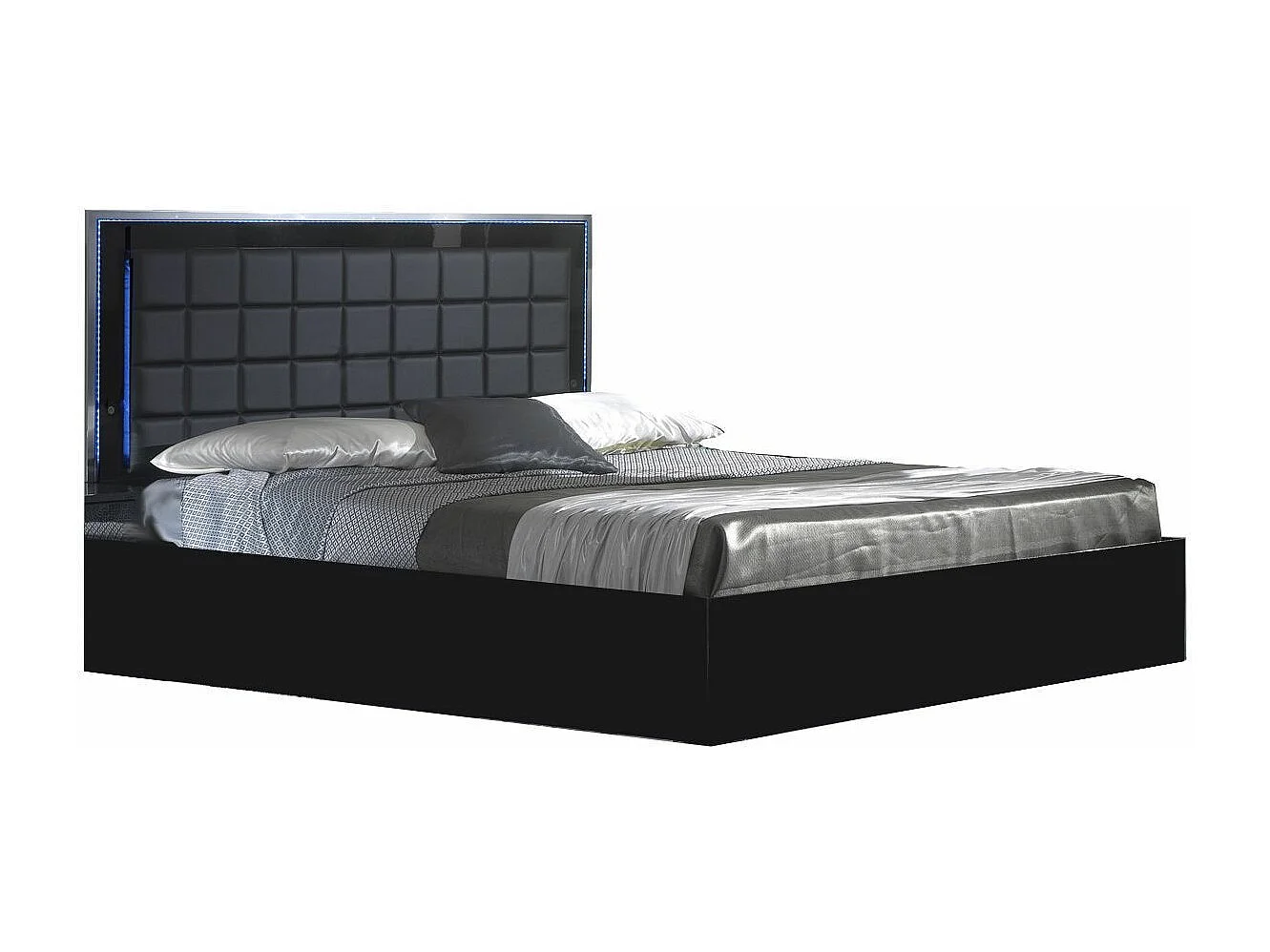 Designbed met zwart gelakte houten ladekast en gewatteerd hoofdeinde van zwart kunstleer met Turijn LED-Slapen 160x200cm