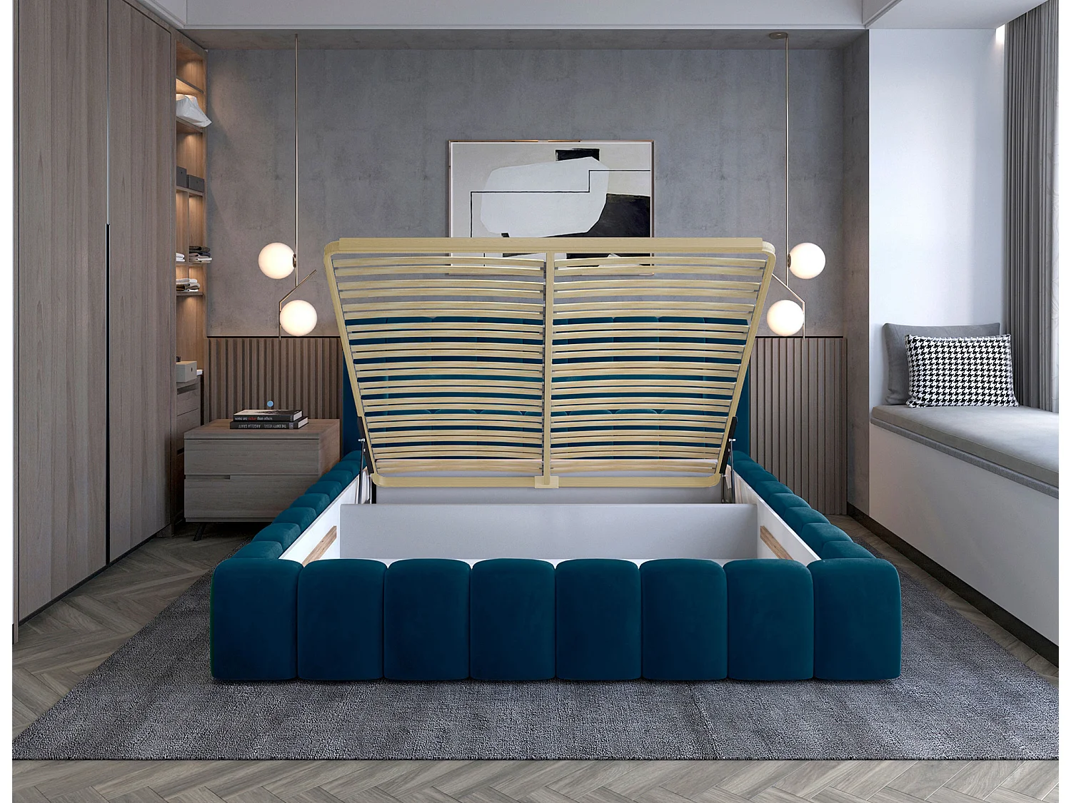 Lit coffre Luto prestige - Design tapissé velours et Led-Couleur Bleu pétrole-180x200