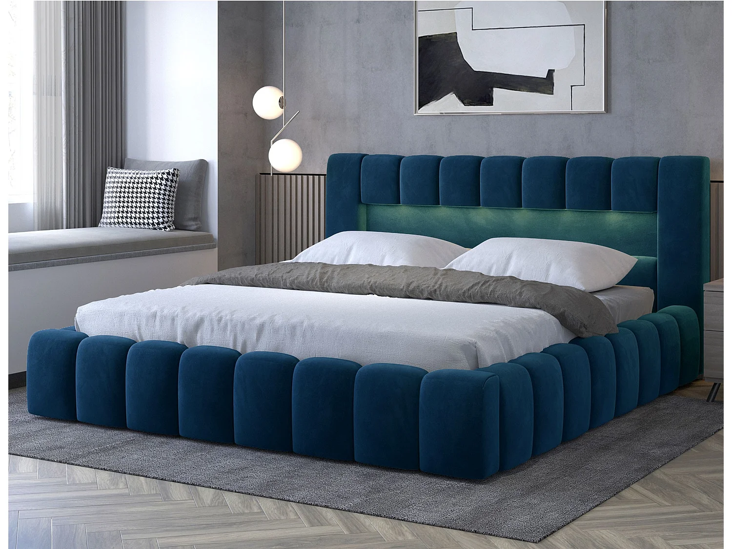 Lit coffre Luto prestige - Design tapissé velours et Led-Couleur Bleu pétrole-180x200