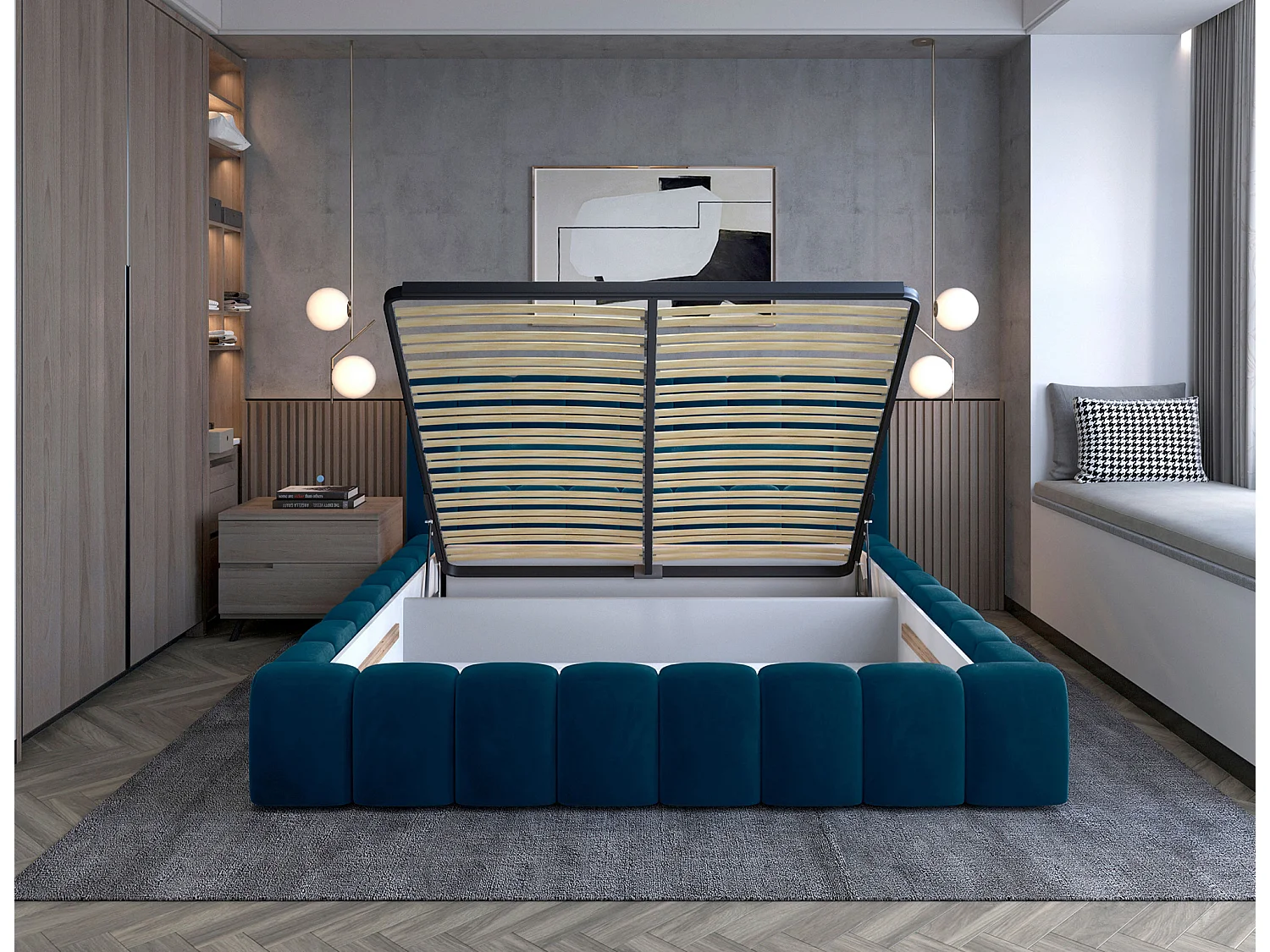 Lit coffre Luto prestige - Design tapissé velours et Led-Couleur Bleu pétrole-180x200