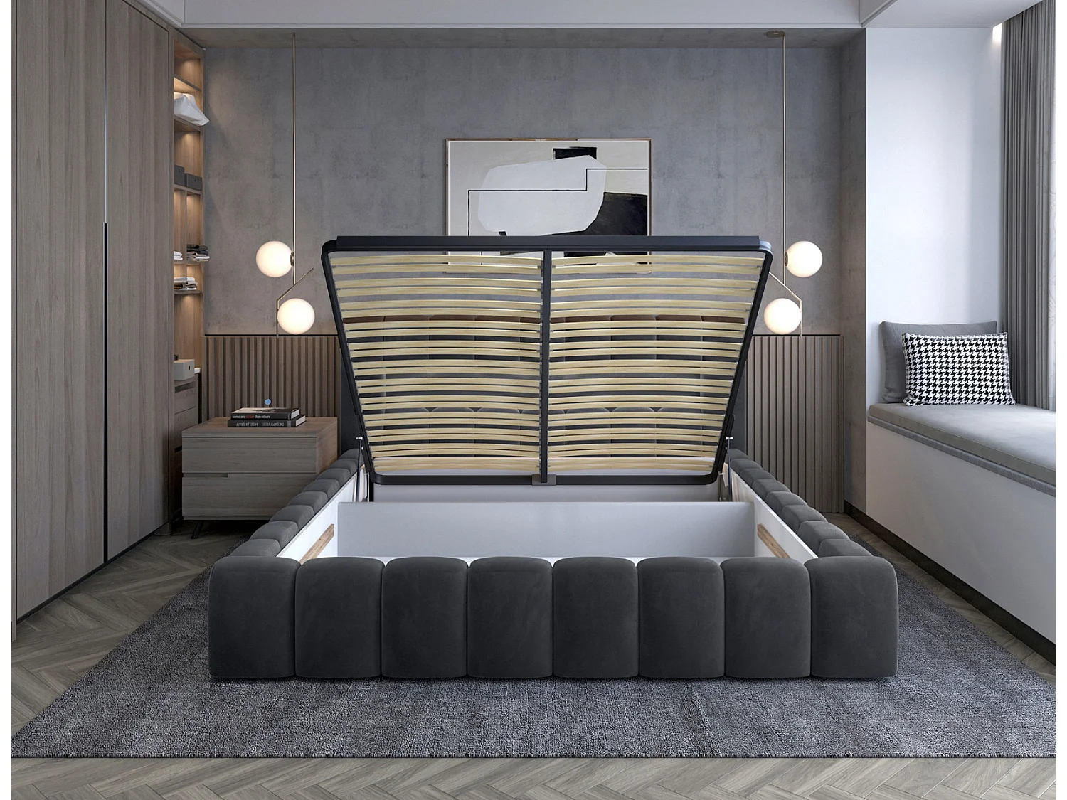 Designbed met Luto fluwelen gestoffeerde box-Kleur Houtskool grijs-Slapen 140x200cm