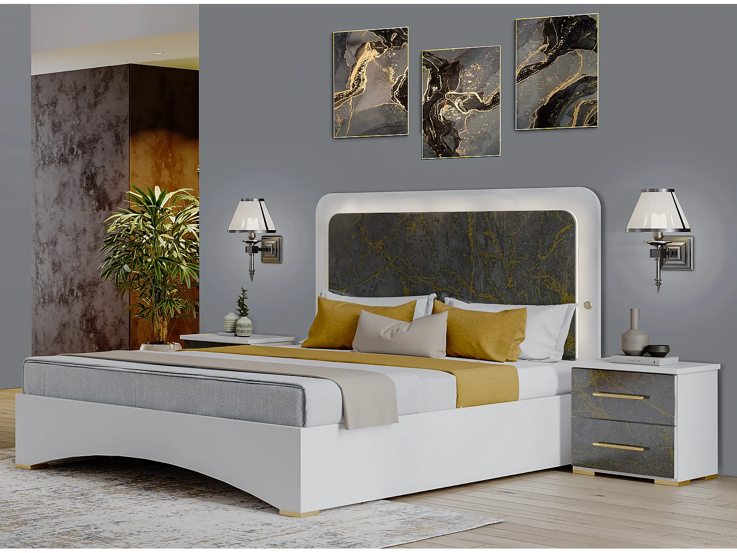 Lit coffre blanc et gris brillant marbré doré avec Led Dova-160x200