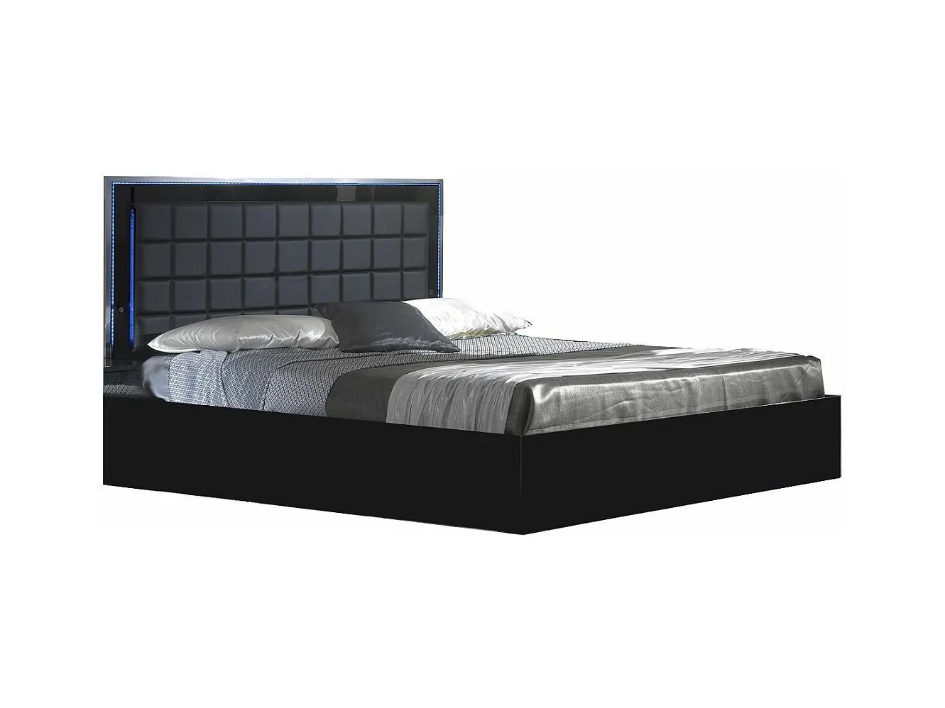 Lit design avec coffre bois noir laqué et tête de lit capitonnée simili cuir noir avec Led Turin-140x190