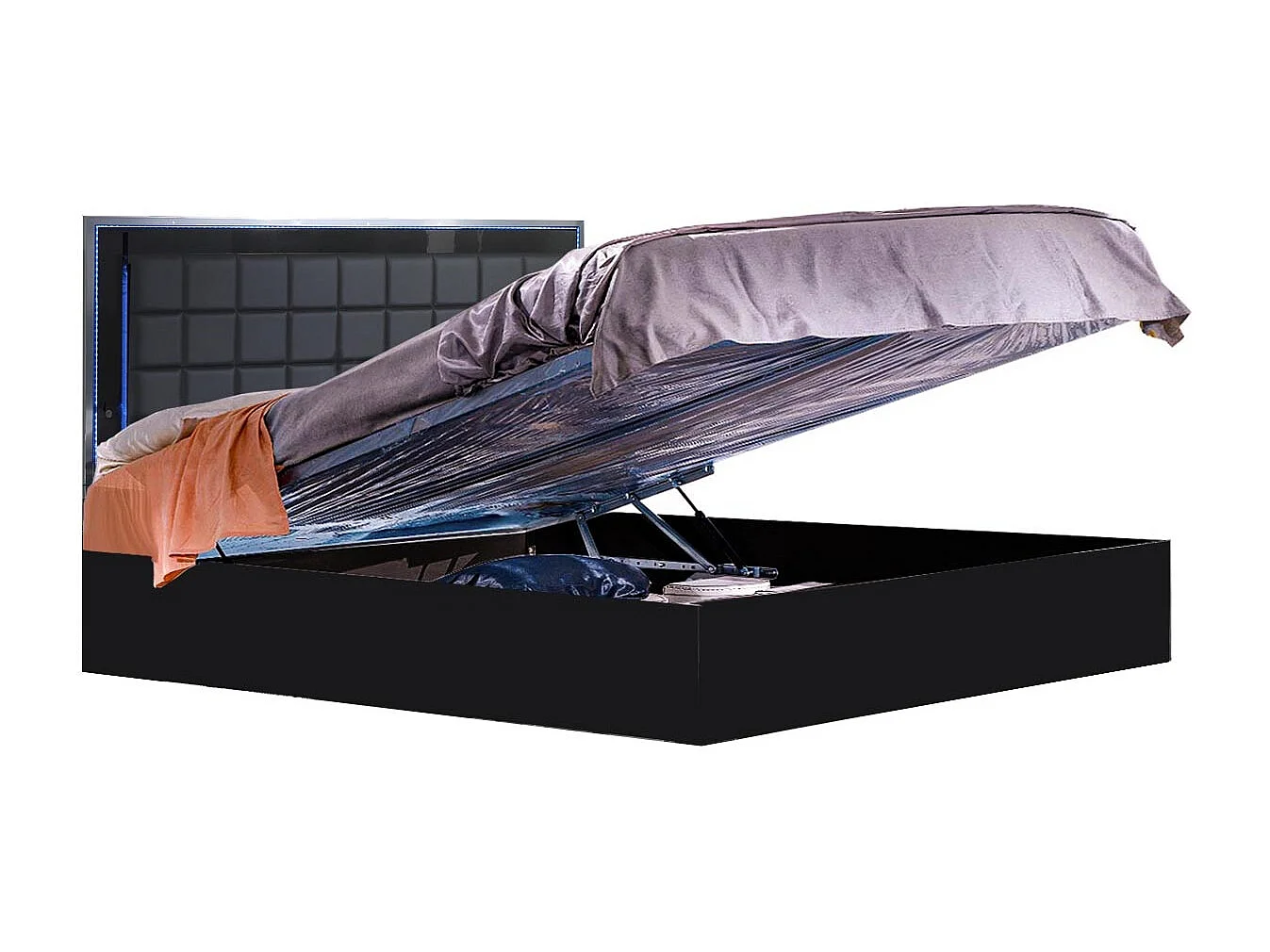 Lit design avec coffre bois noir laqué et tête de lit capitonnée simili cuir noir avec Led Turin-180x200