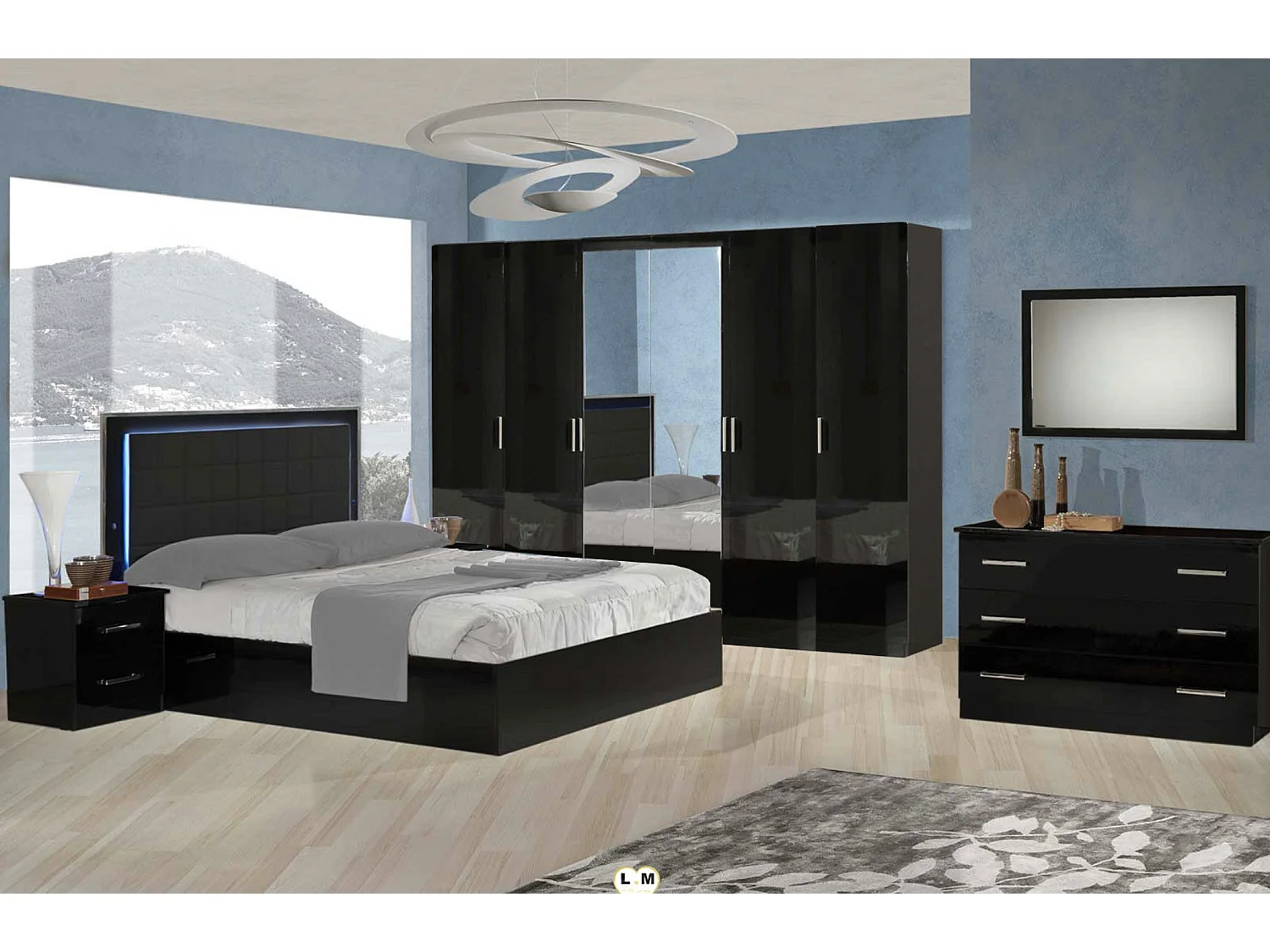 Lit design avec coffre bois noir laqué et tête de lit capitonnée simili cuir noir avec Led Turin-180x200