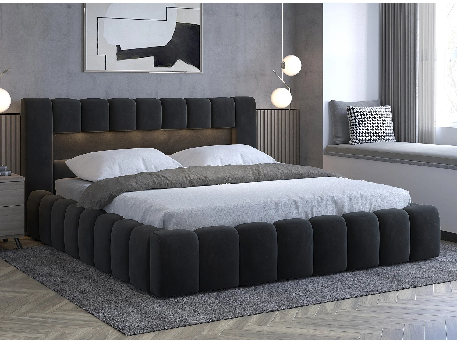 Lit coffre Luto prestige - Design tapissé velours et Led-Couleur Gris anthracite-160x200