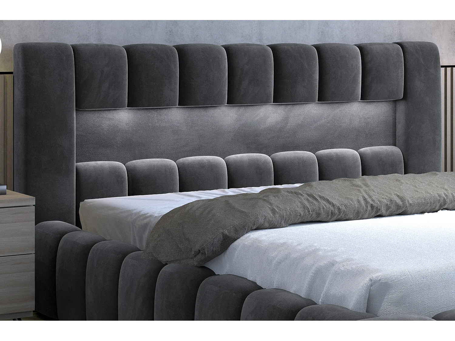 Lit coffre Luto prestige - Design tapissé velours et Led-Couleur Gris anthracite-160x200