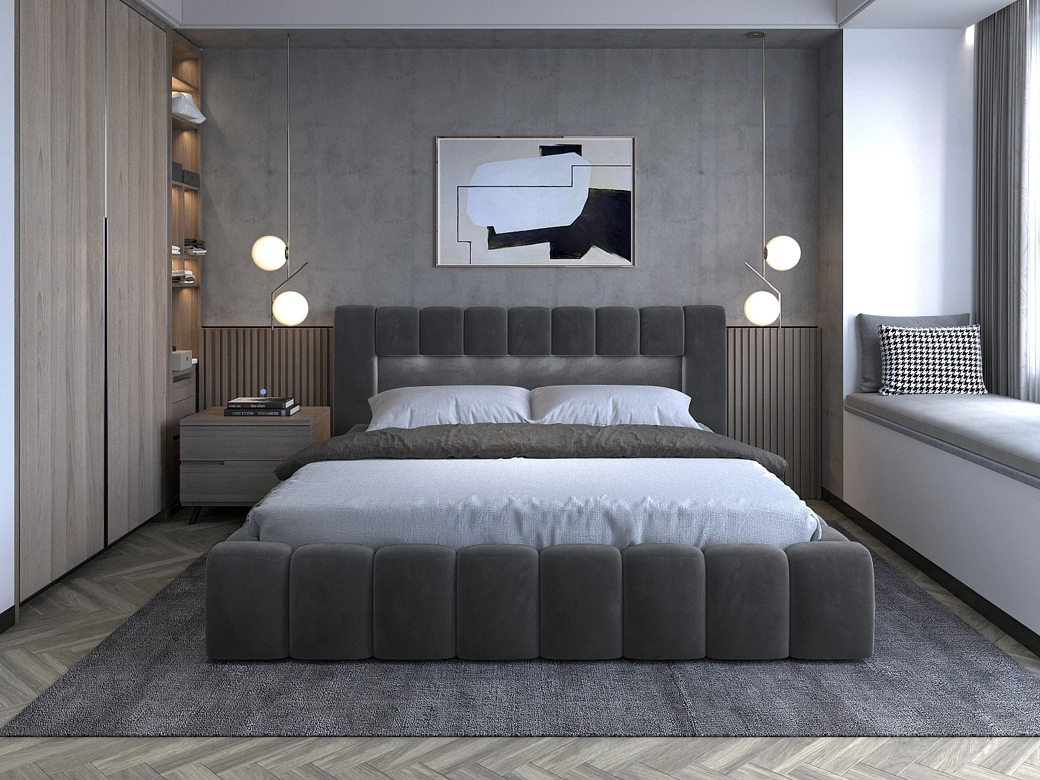 Lit coffre Luto prestige - Design tapissé velours et Led-Couleur Gris anthracite-160x200