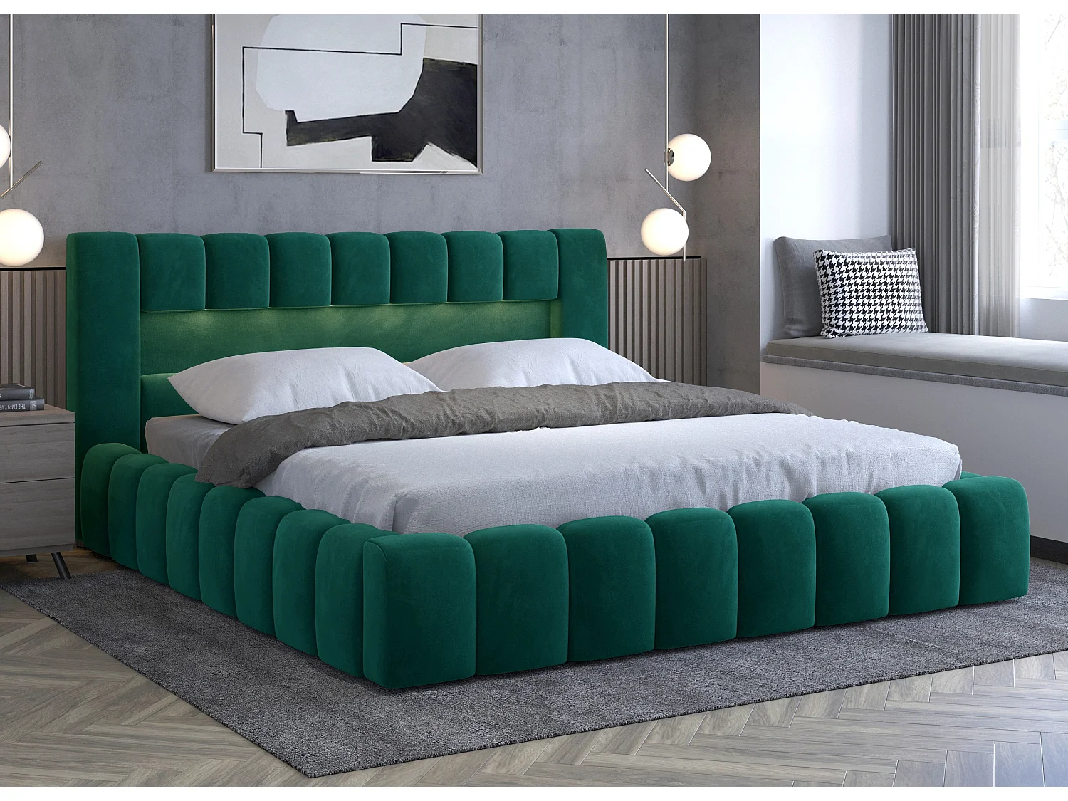 Lit coffre Luto prestige - Design tapissé velours et Led-Couleur Vert épinard-180x200