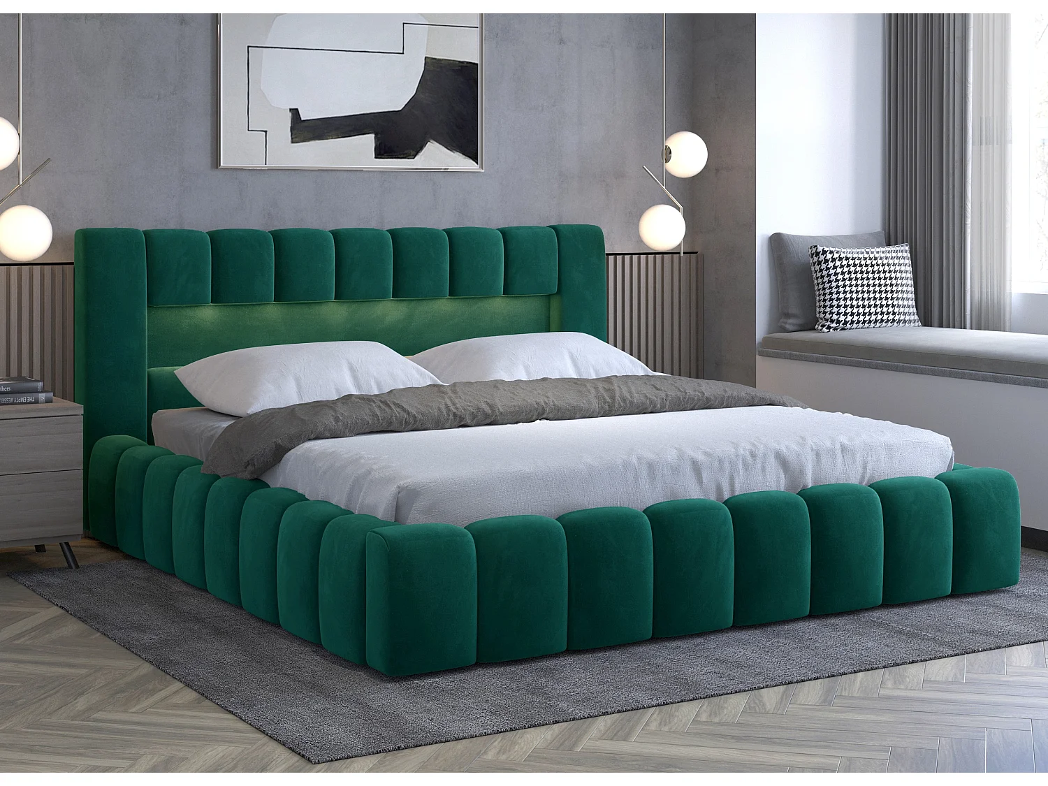 Lit coffre Luto prestige - Design tapissé velours et Led-Couleur Vert épinard-140x200