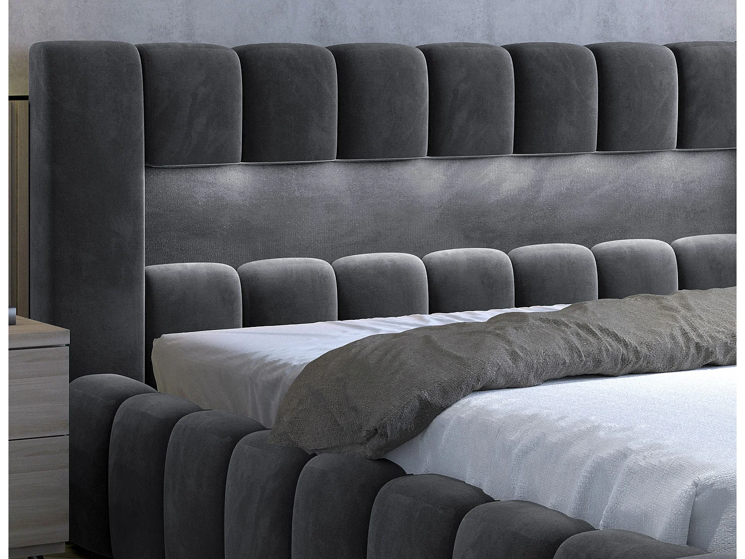 Lit coffre Luto prestige - Design tapissé velours et Led-Couleur Gris foncé-140x200