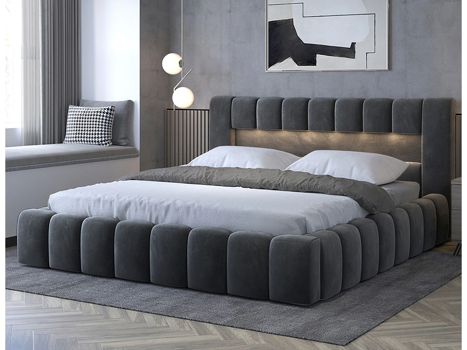 Lit coffre Luto prestige - Design tapissé velours et Led-Couleur Gris foncé-140x200