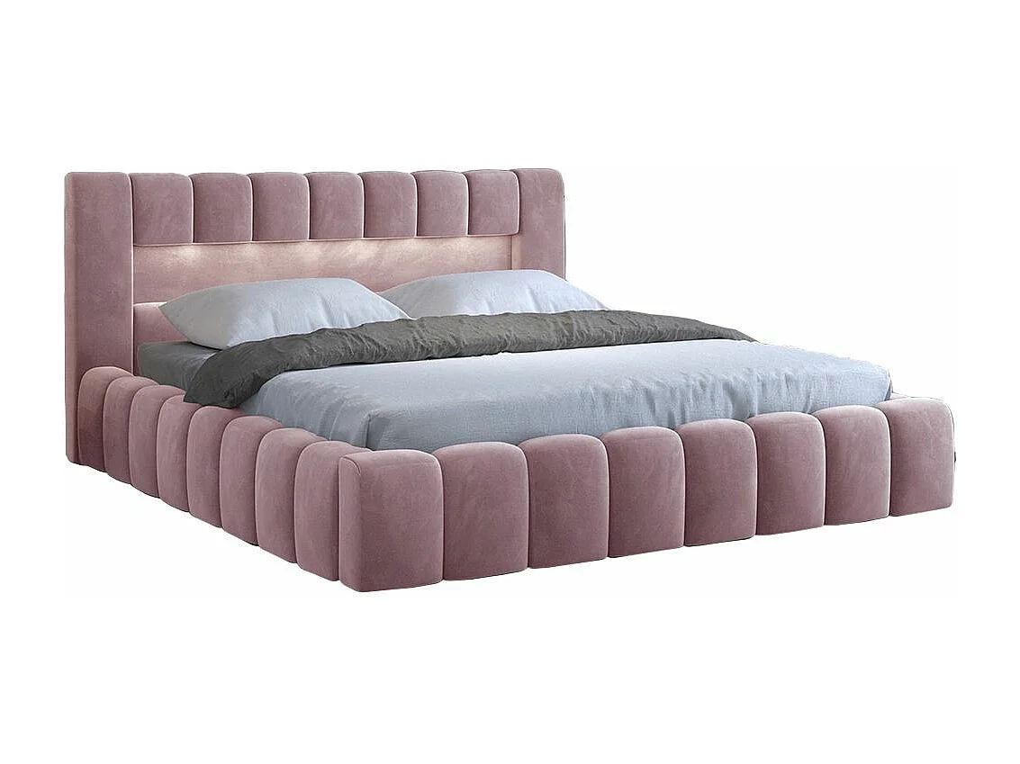 Lit coffre Luto prestige - Design tapissé velours et Led-Couleur Rose clair-160x200