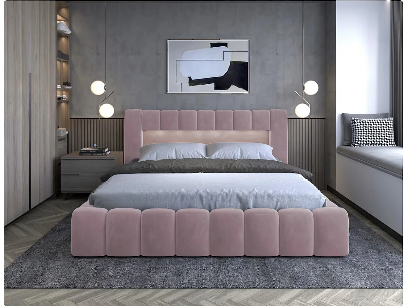 Lit coffre Luto prestige - Design tapissé velours et Led-Couleur Rose clair-160x200