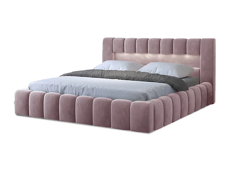 Lit coffre Luto prestige - Design tapissé velours et Led-Couleur Rose clair-160x200
