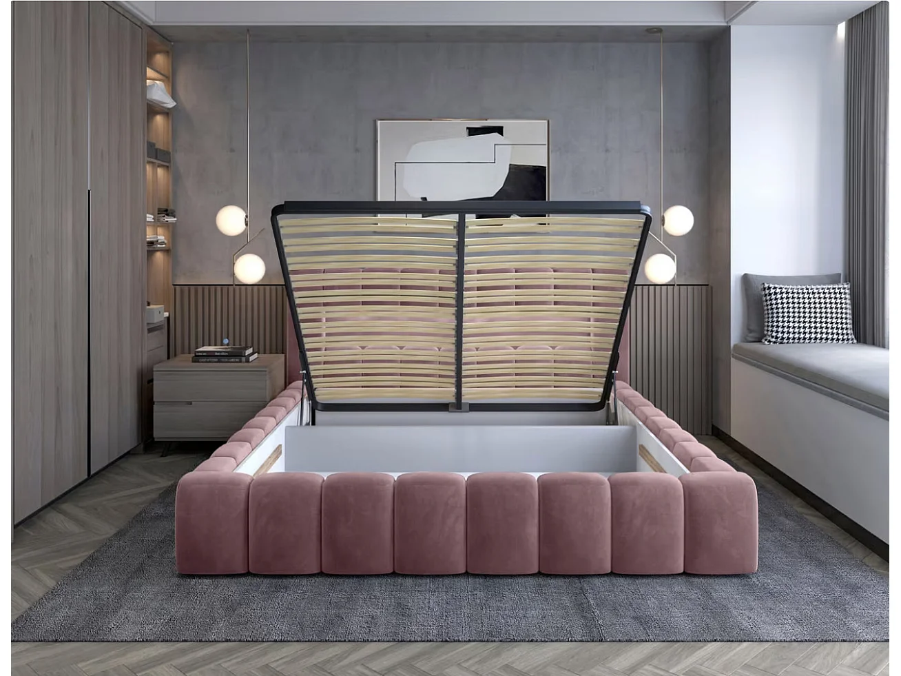 Lit coffre Luto prestige - Design tapissé velours et Led-Couleur Rose clair-140x200