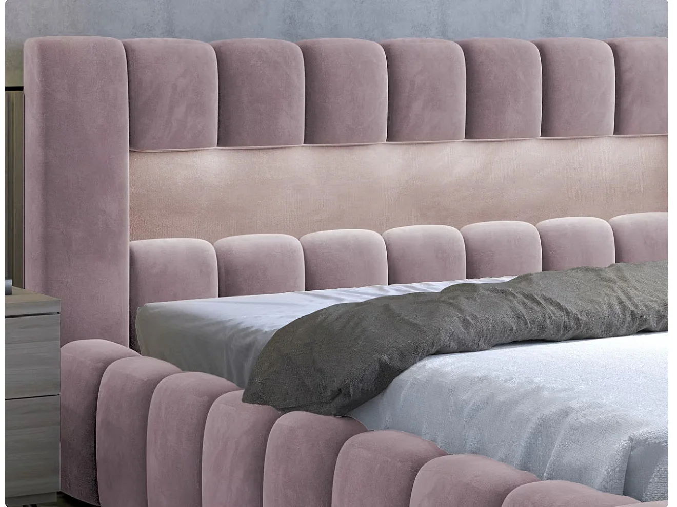 Lit coffre Luto prestige - Design tapissé velours et Led-Couleur Rose clair-140x200