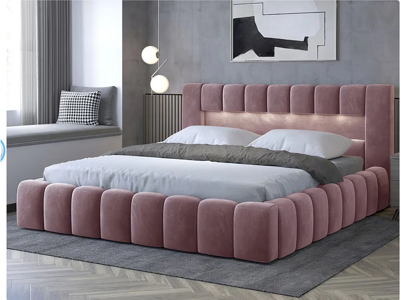 Lit coffre Luto prestige - Design tapissé velours et Led-Couleur Rose clair-140x200