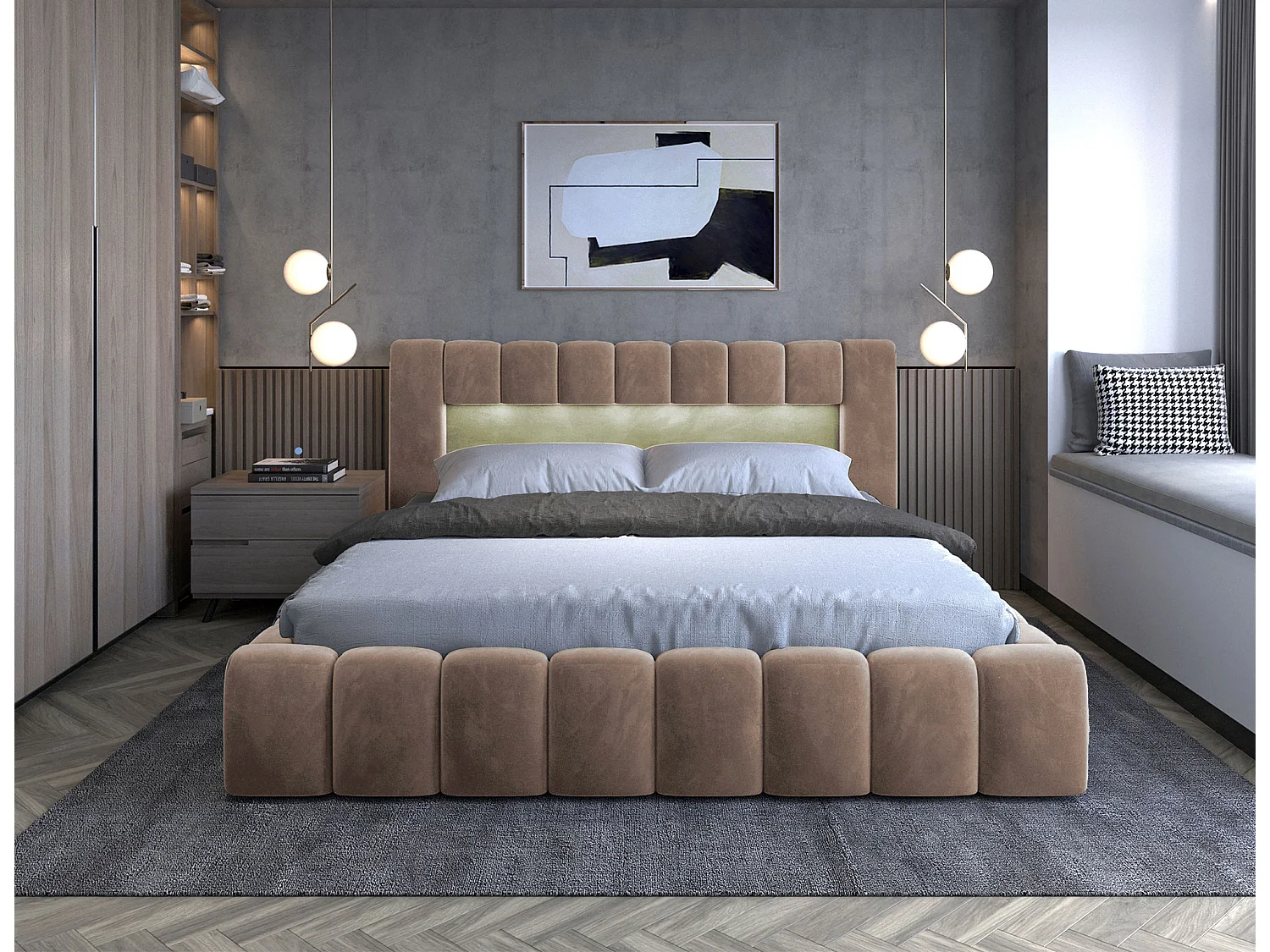 Lit coffre Luto prestige - Design tapissé velours et Led-Couleur Marron clair-180x200