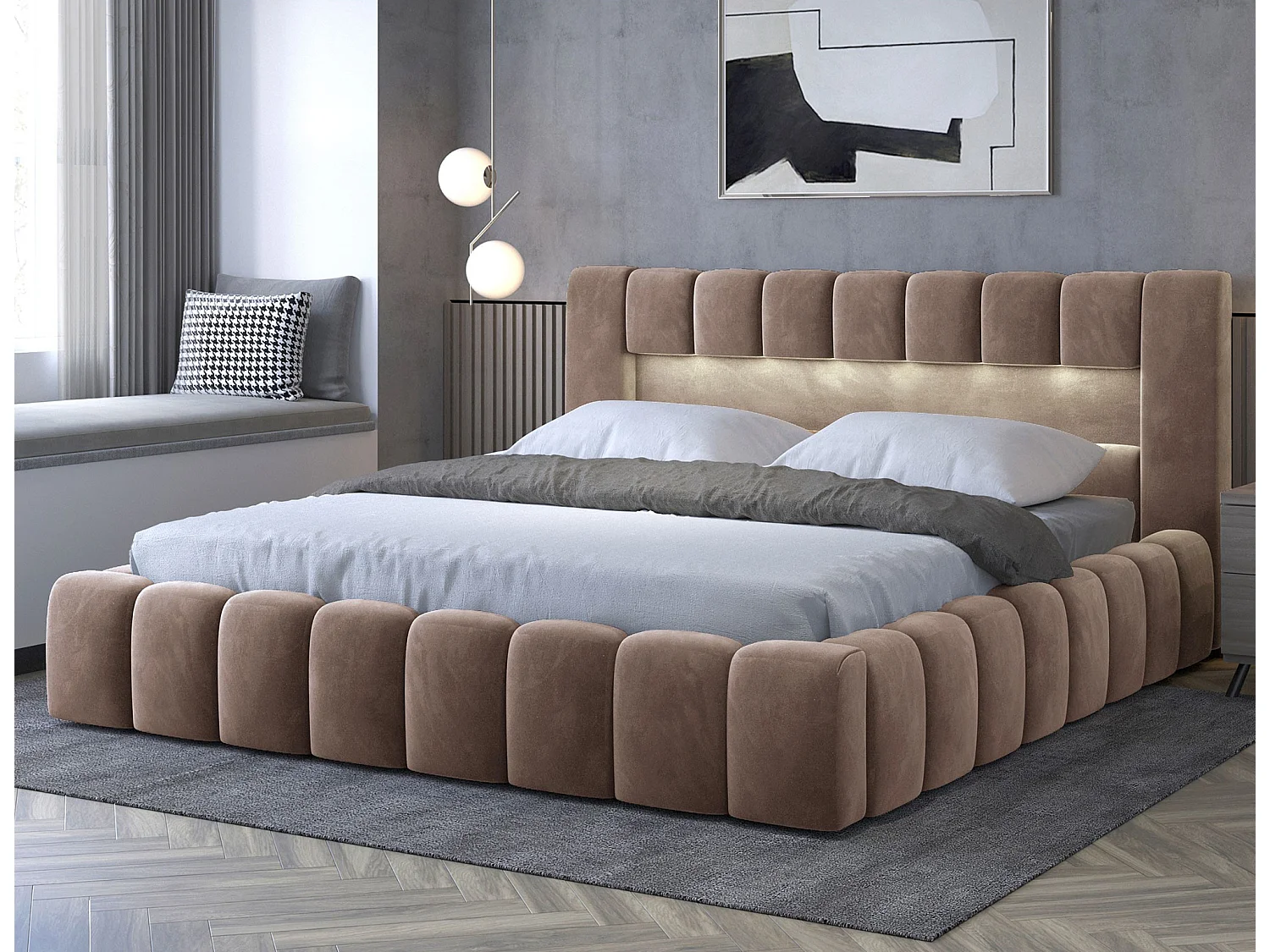 Lit coffre Luto prestige - Design tapissé velours et Led-Couleur Marron clair-180x200