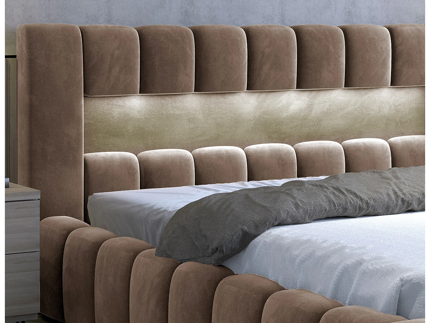 Lit coffre Luto prestige - Design tapissé velours et Led-Couleur Marron clair-180x200