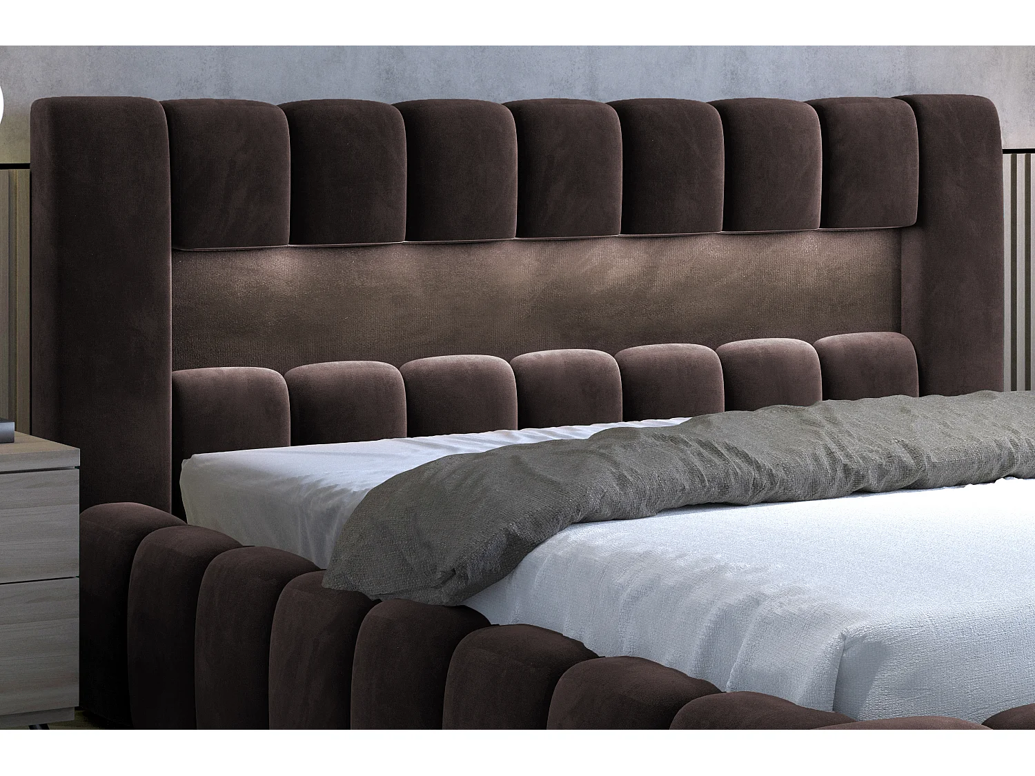 Lit coffre Luto prestige - Design tapissé velours et Led-Couleur Marron-160x200