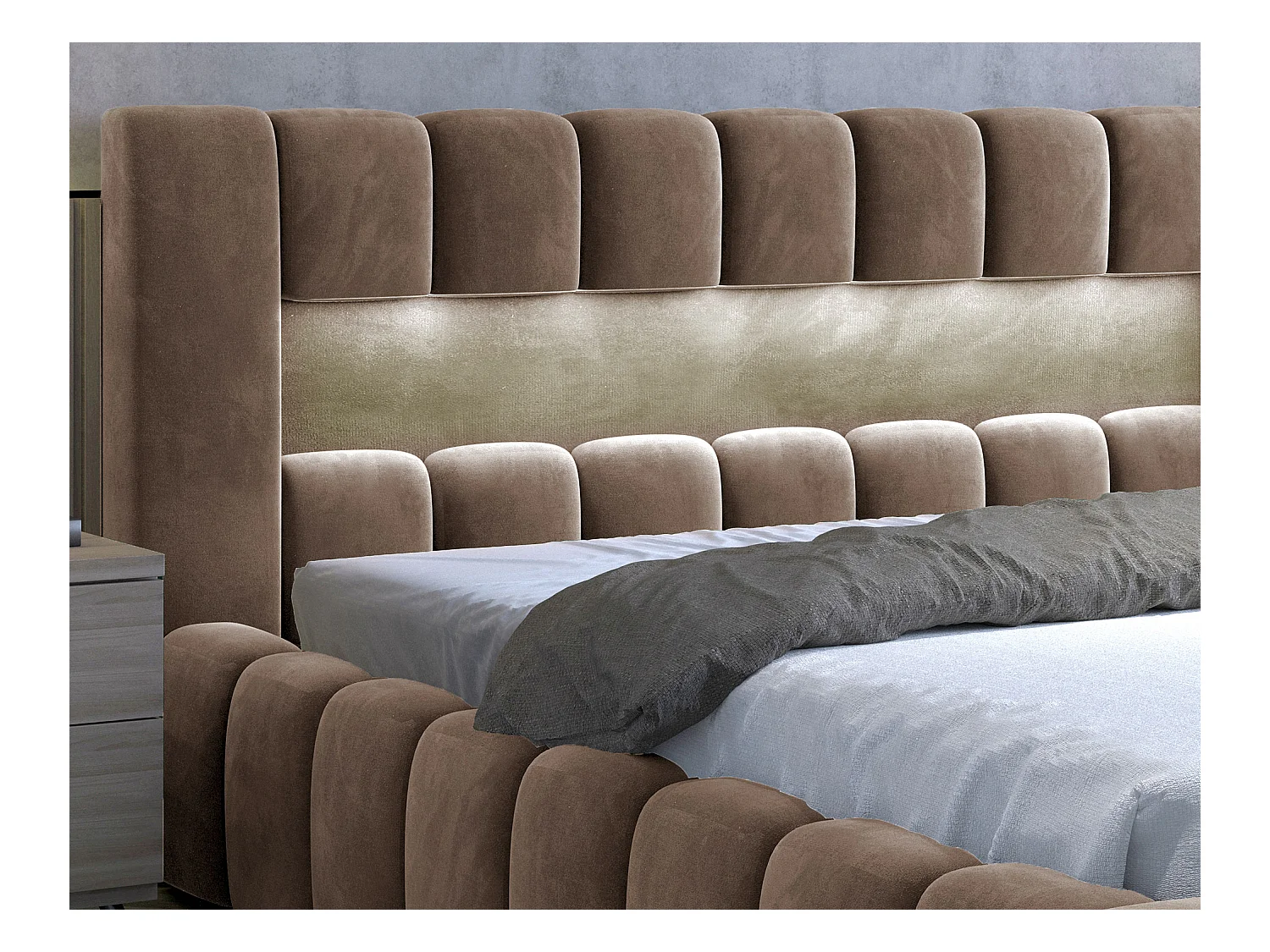 Lit coffre Luto prestige - Design tapissé velours et Led-Couleur Marron clair-140x200