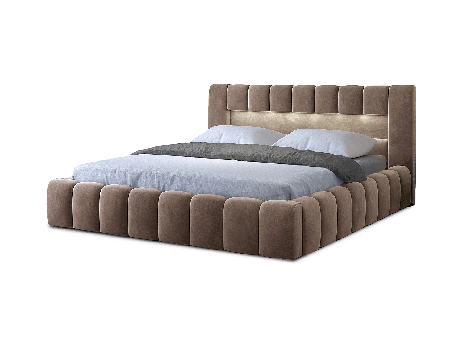 Lit coffre Luto prestige - Design tapissé velours et Led-Couleur Marron clair-140x200