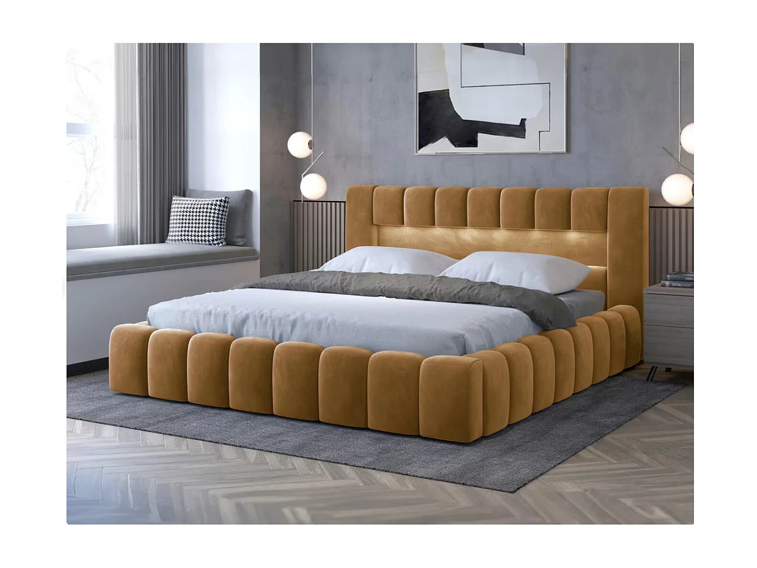 Lit coffre Luto prestige - Design tapissé velours et Led-Couleur Jaune chamoix-180x200