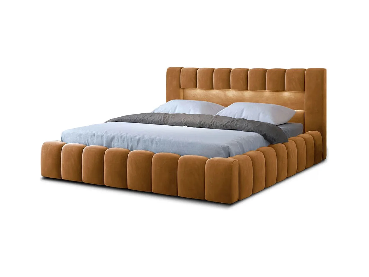 Lit coffre Luto prestige - Design tapissé velours et Led-Couleur Jaune chamoix-180x200