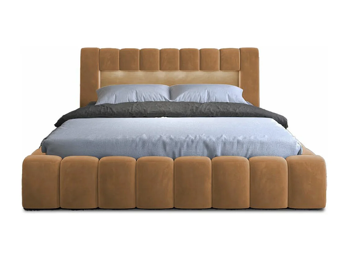 Lit coffre Luto prestige - Design tapissé velours et Led-Couleur Jaune chamoix-180x200