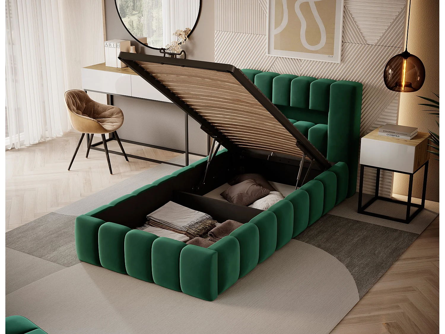 Lit design avec coffre tapissé velours Luto-Couleur Vert épinard-90x200