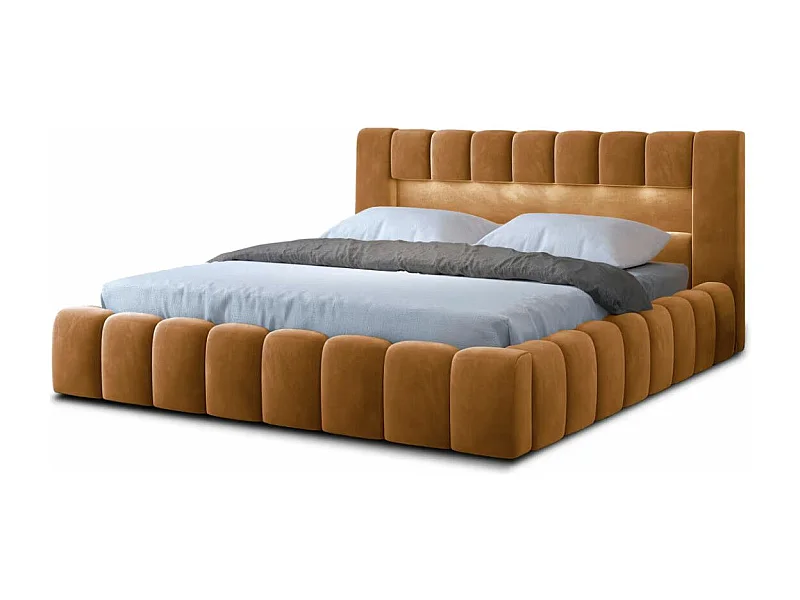 Lit coffre Luto prestige - Design tapissé velours et Led-Couleur Jaune chamoix-160x200