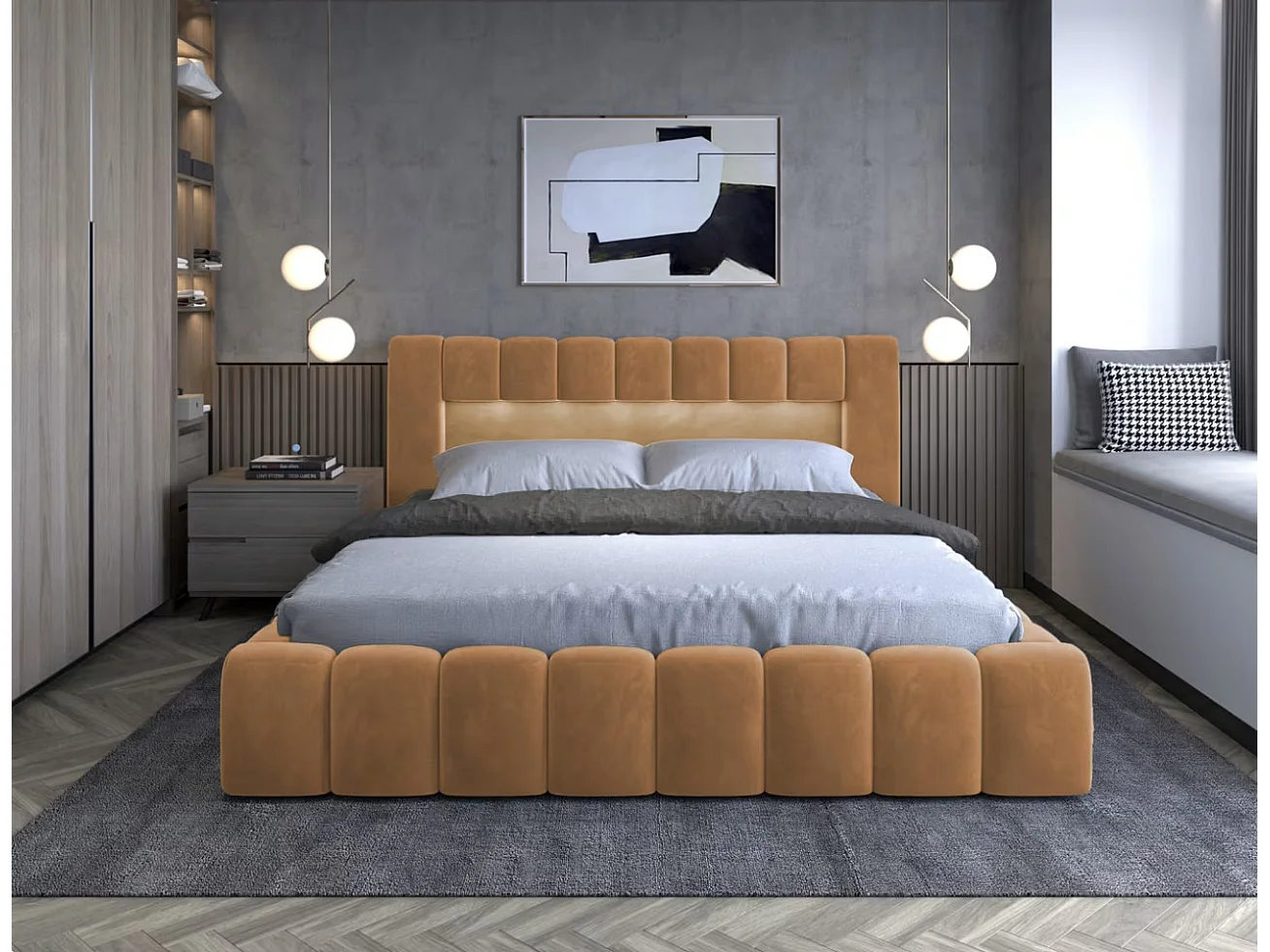 Lit coffre Luto prestige - Design tapissé velours et Led-Couleur Jaune chamoix-160x200