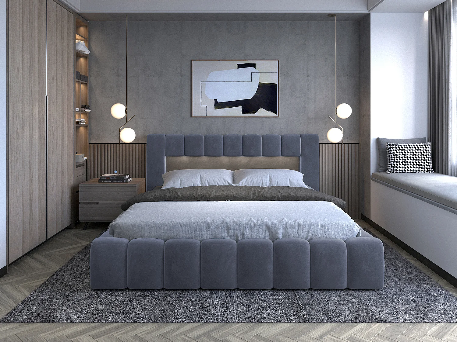 Lit coffre Luto prestige - Design tapissé velours et Led-Couleur Gris anthracite-180x200