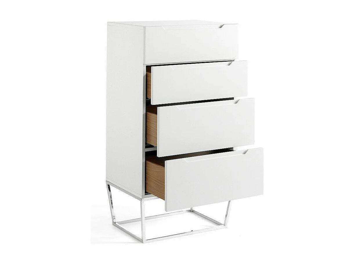 Chiffonnier design 4 tiroirs laqué et pieds acier chromé Romus-Couleur Pearl