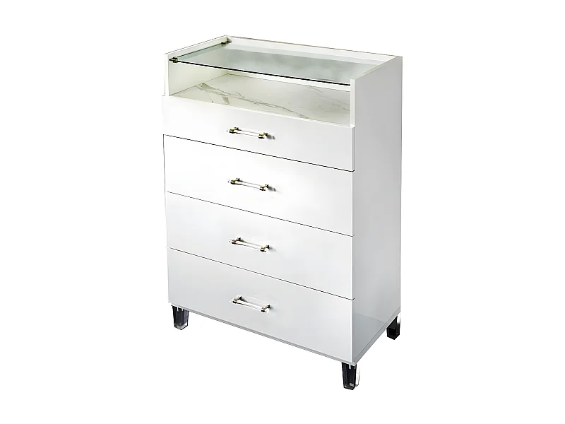 Semainier design 4 tiroirs bois blanc laqué et verre transparent à Led Krystal 84cm