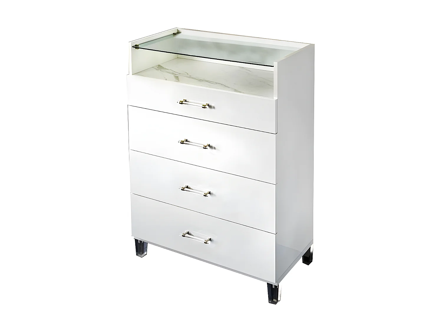 Semainier design 4 tiroirs bois blanc laqué et verre transparent à Led Krystal 84cm