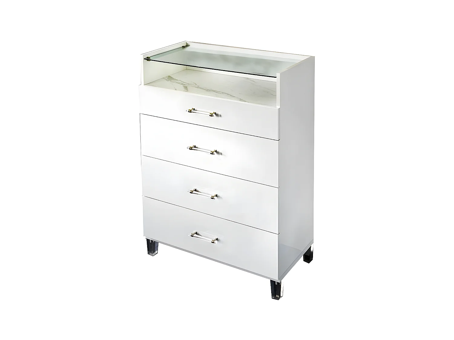 Semainier design 4 tiroirs bois blanc laqué et verre transparent à Led Krystal 84cm